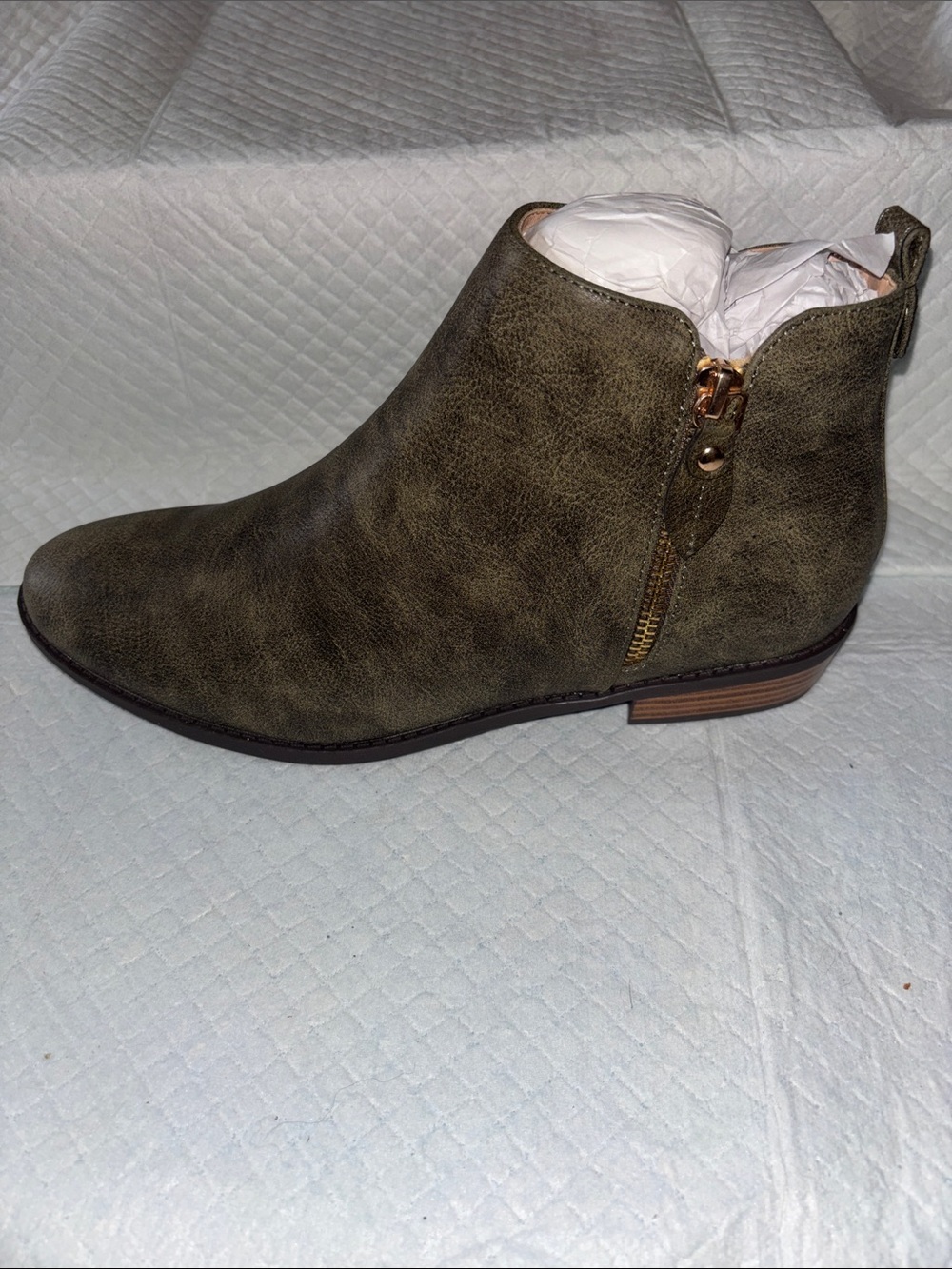 Sun + Stone Olive Green Side-Zip Ankle Bootie
